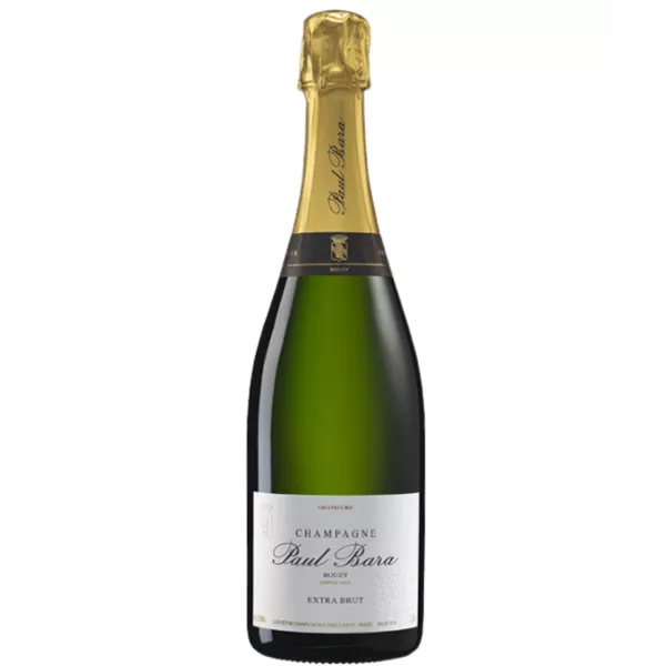 Bottle of Champagne Paul Bara Extra Brut Grand Cru, front view, white label, gold cap