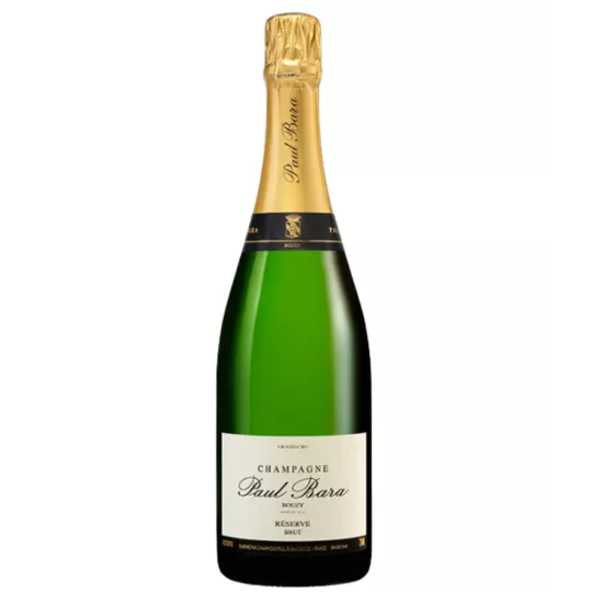 Bottle of Champagne Paul Bara Brut Réserve, white and gold label, front view