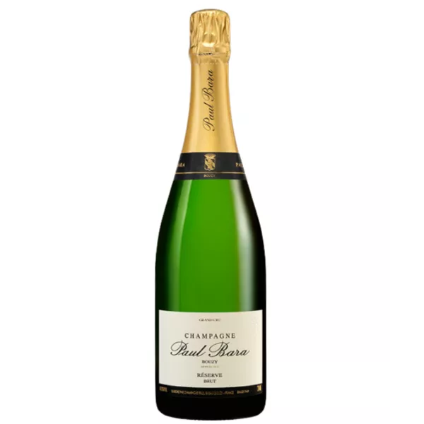 Bottle of Champagne Paul Bara Brut Réserve, white and gold label, front view