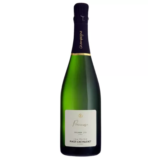 Bottle of Champagne Pinot Chevauchet Précieuse, white label and black cap, front view