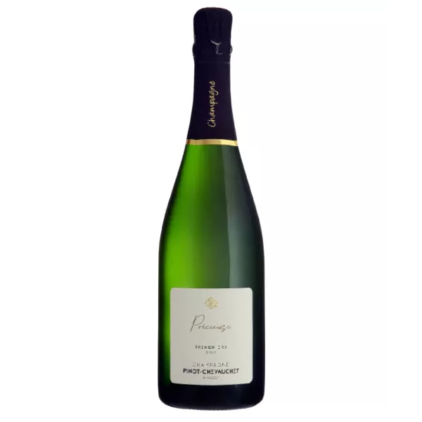 Bottle of Champagne Pinot Chevauchet Précieuse, white label and black cap, front view