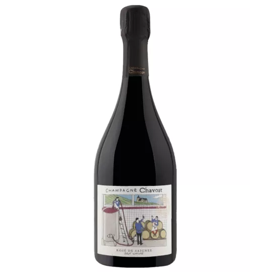 Bottle of Champagne Chavost Rosé de Saignée Brut Nature, front view, illustrated label