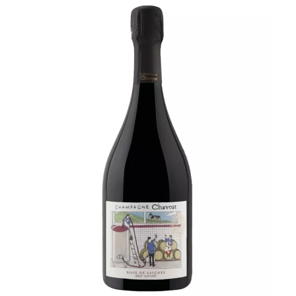Bottle of Champagne Chavost Rosé de Saignée Brut Nature, front view, illustrated label