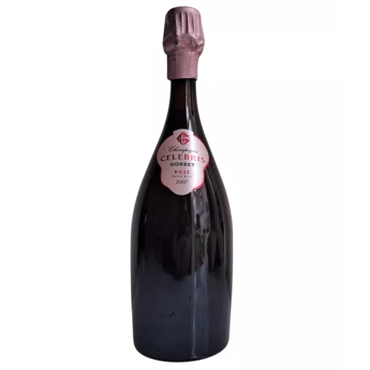 Bottle of Champagne Gosset Célébris 2007 Rosé, front view, pink cap