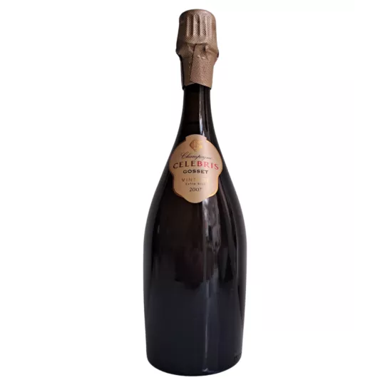 Bottle of Champagne Gosset Célébris 2007 Extra-Brut, front view, gold label on black background
