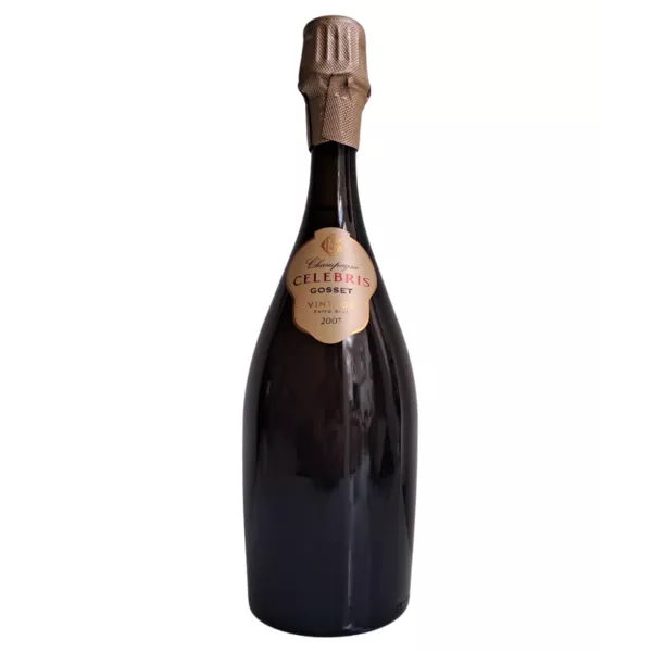 Bottle of Champagne Gosset Célébris 2007 Extra-Brut, front view, gold label on black background