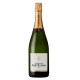 Bottle of Champagne Castelnau Brut, white label and gold cap, front view