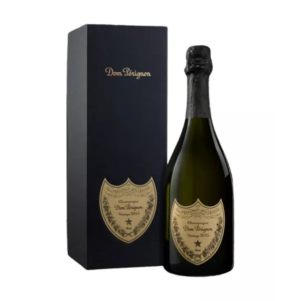 Bottle of Champagne Dom Pérignon Millésime 2015, front view with gold label