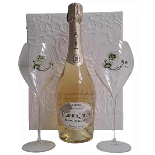 Bottle of champagne Perrier-Jouët Blanc de Blancs 75cl with two flutes, front view