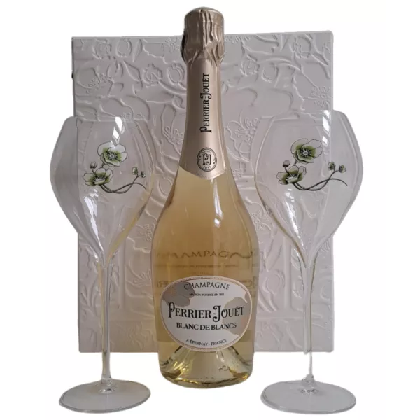Bottle of champagne Perrier-Jouët Blanc de Blancs 75cl with two flutes, front view