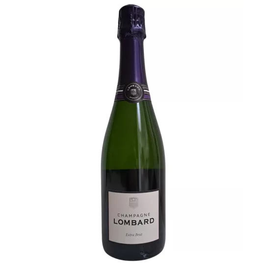 Bottle of Champagne Lombard Cuvée Signature Extra-Brut, purple cap, white label, front view