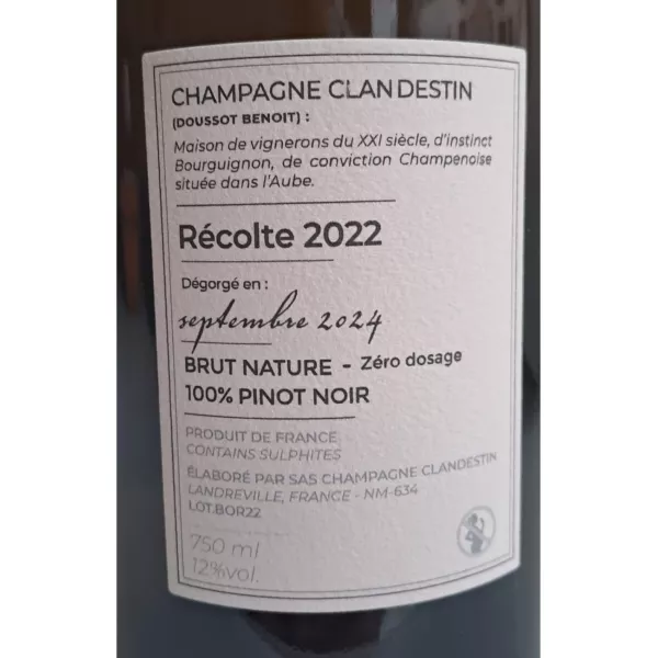 minimalist white label Champagne Clandestin cuvée Boreal