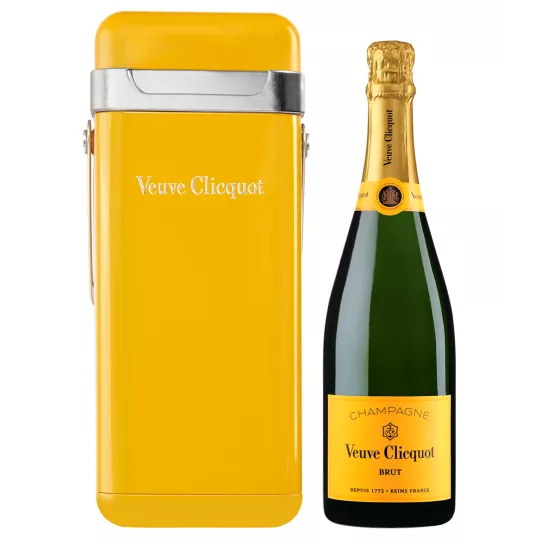 Veuve Clicquot Champagne bottle with yellow isothermal case, front view