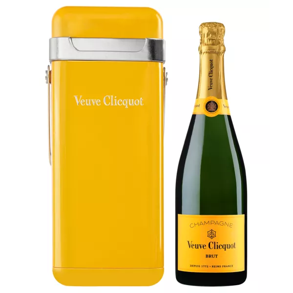 Veuve Clicquot Champagne bottle with yellow isothermal case, front view