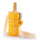 Veuve Clicquot Champagne bottle in a yellow fleece bottle holder with crossed strap
