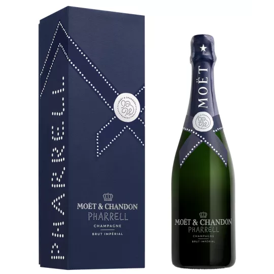 Bottle of Champagne Moët & Chandon Brut Impérial Édition Pharrell Williams, front view, with exclusive case