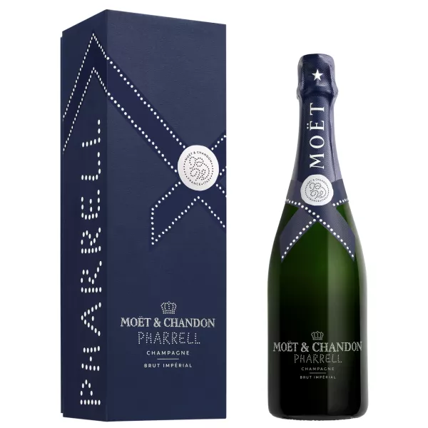 Bottle of Champagne Moët & Chandon Brut Impérial Édition Pharrell Williams, front view, with exclusive case