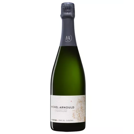 Bottle of Champagne Michel Arnould Observation Grand Cru, front view, black and gold label
