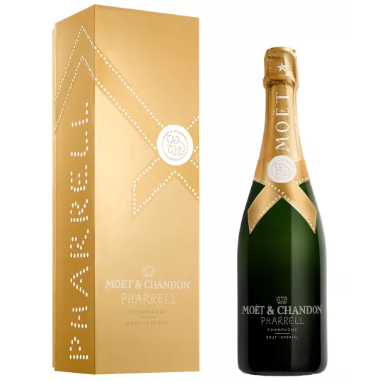 Bottle of Champagne Moët & Chandon Brut Impérial Limited Edition Pharrell Williams Gold, front view
