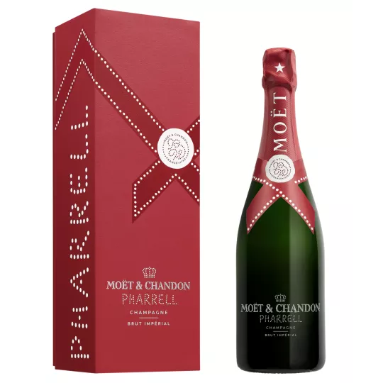 Bottle of Champagne Moët & Chandon x Pharrell Williams Édition Limitée Brut Impérial, burgundy red, front view