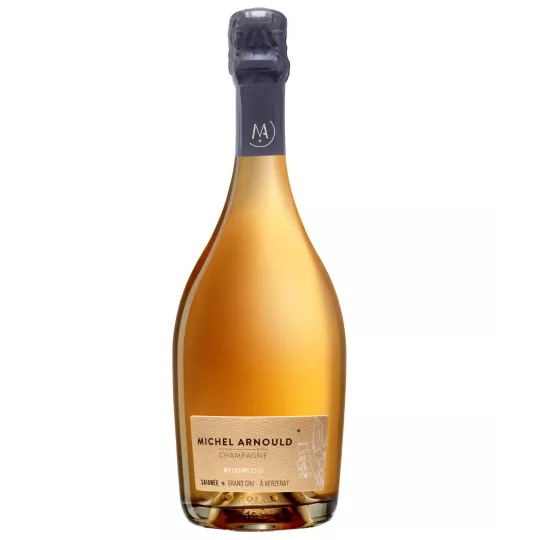 Champagne Michel Arnould Rosé Saignée 2018, transparent bottle, intense pink color, front view