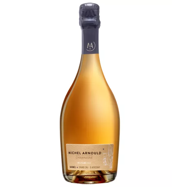 Champagne Michel Arnould Rosé Saignée 2018, transparent bottle, intense pink color, front view
