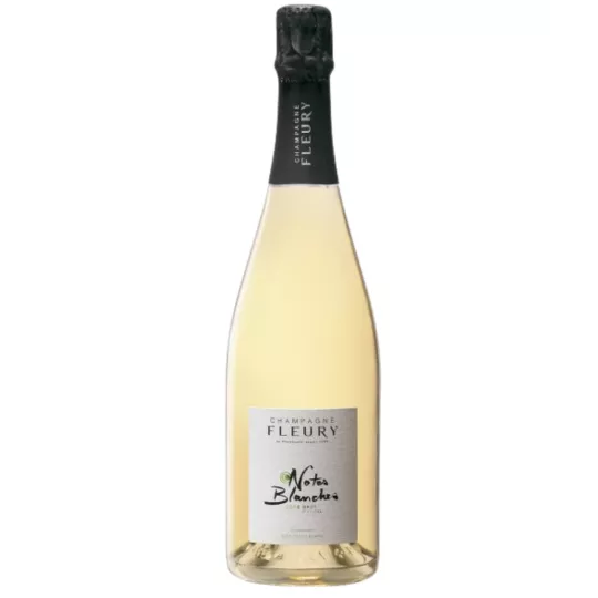 Bottle of Champagne Fleury Notes Blanches Brut Nature 2016, front view, white label on light background