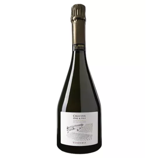 Bottle of Champagne Crucifix Vendemia Extra-Brut Premier Cru, 80% Chardonnay, aged 60 months.