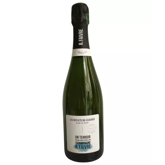 Bottle of Champagne R.Faivre Les Reflets du Clocher Extra Brut, white-black label, 750 ml.