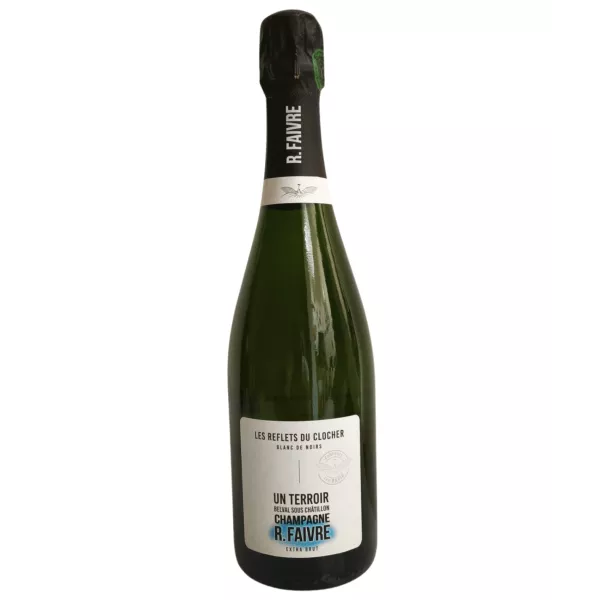Bottle of Champagne R.Faivre Les Reflets du Clocher Extra Brut, white-black label, 750 ml.