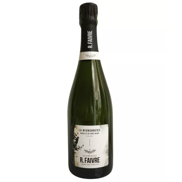 Bottle of Champagne R. Faivre La Mignonnerie extra brut on light background