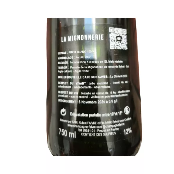 Back label Bottle of Champagne R. Faivre La Mignonnerie extra brut on light background
