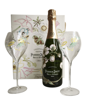 Perrier-Jouët Belle Époque 2016 champagne box with 2 elegant flutes - Art Nouveau bottle and glasses