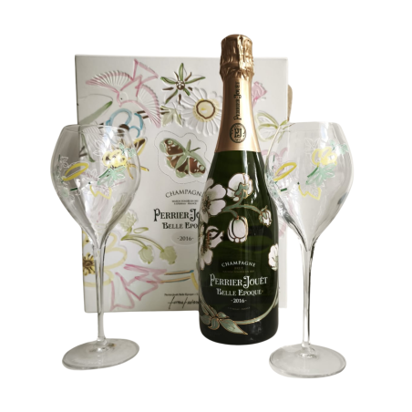 Perrier-Jouët Belle Époque 2016 champagne box with 2 elegant flutes - Art Nouveau bottle and glasses
