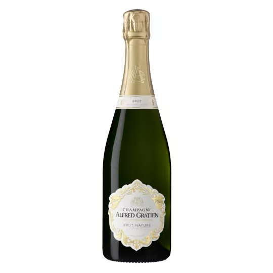 Bottle of Champagne Alfred Gratien Brut Nature, a zero dosage cuvée vinified in oak barrels in Épernay.