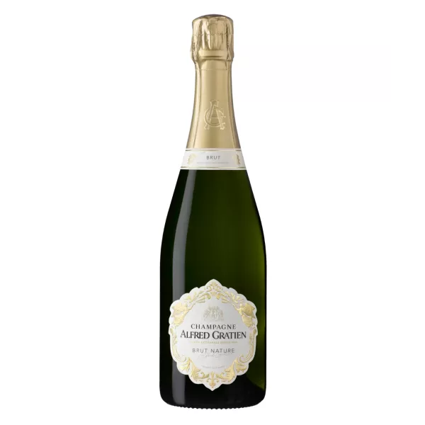 Bottle of Champagne Alfred Gratien Brut Nature, a zero dosage cuvée vinified in oak barrels in Épernay.