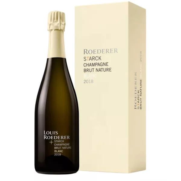 Bottle of Champagne Louis Roederer Brut Nature 2018 by Philippe Starck - vintage zero dosage edition.