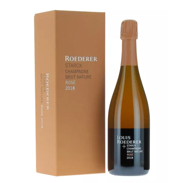 Bottle of Champagne Louis Roederer Brut Nature Rosé 2018 by Philippe Starck, pale rosé, vintage edition without dosage.