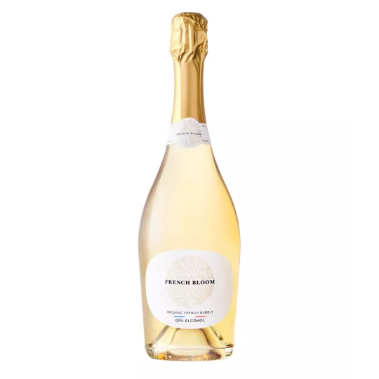 Bottle of French Bloom Le Blanc organic non-alcoholic sparkling wine, certified vegan and halal