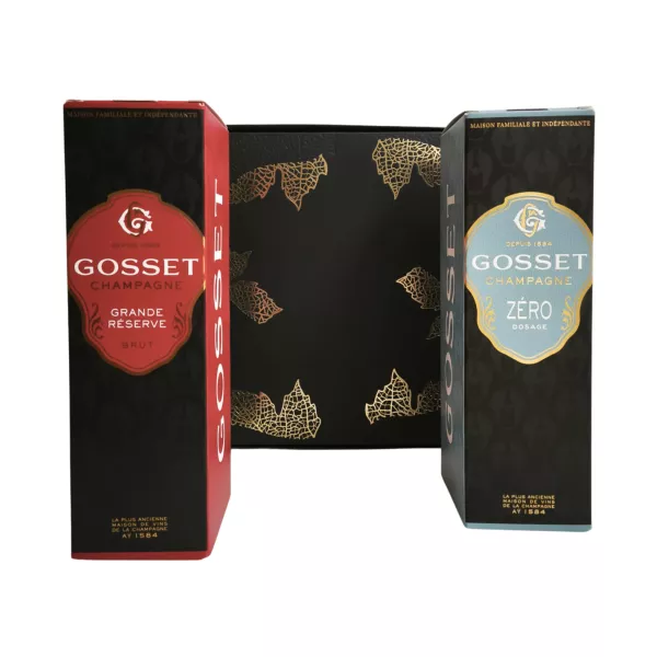 Bottle of Champagne Gosset Grande Réserve Zéro Dosage and grande reserve in a gift box