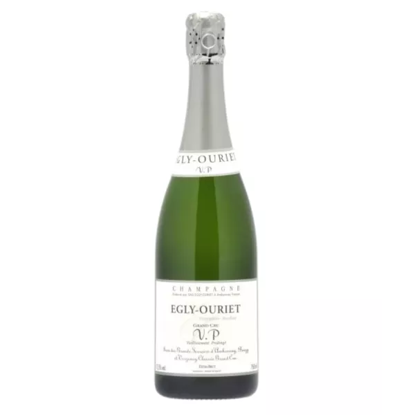 Bottle of Egly-Ouriet Grand Cru VP Extra-Brut Champagne, front label, extended ageing