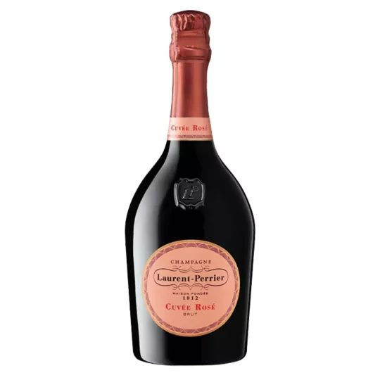 Bottle of Laurent-Perrier Cuvée Rosé champagne, 100% Pinot Noir rosé with fresh red berry aromas and an elegant style.