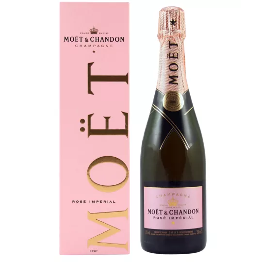 Bottle of Champagne Moët & Chandon Rosé Impérial, front view, pink label and matching cap