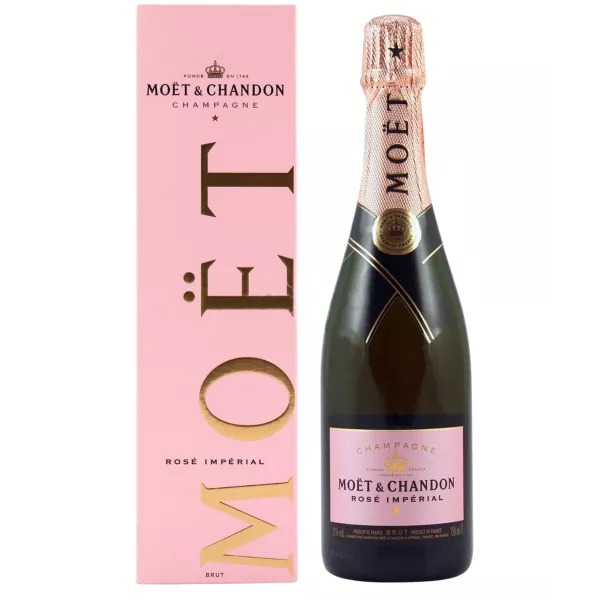 Bottle of Champagne Moët & Chandon Rosé Impérial, front view, pink label and matching cap