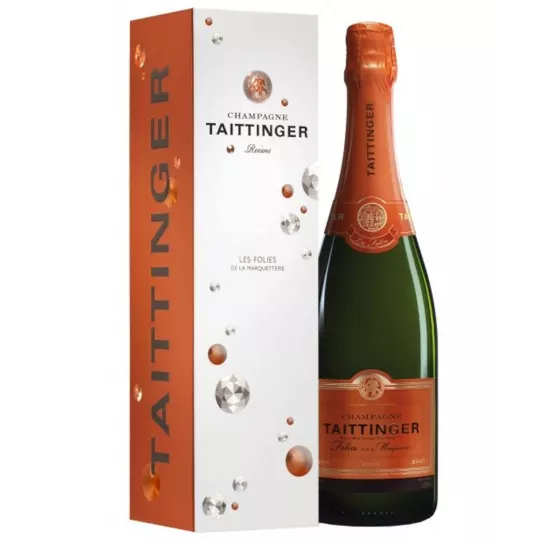 Bottle of Champagne Taittinger Folies de la Marquetterie, copper label, front view