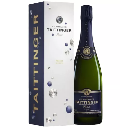 Bottle of Champagne Taittinger Prélude Grands Crus, front view, white and gold label