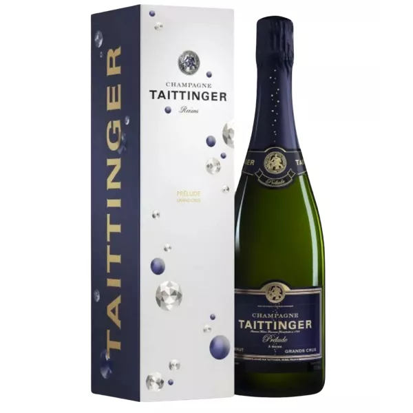 Bottle of Champagne Taittinger Prélude Grands Crus, front view, white and gold label