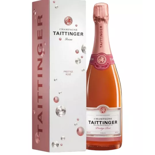Bottle of Champagne Taittinger Prestige Rosé, front view, label visible