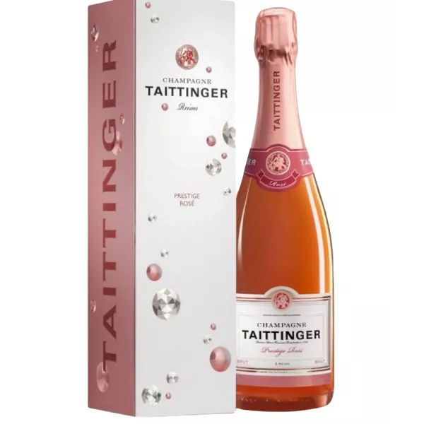 Bottle of Champagne Taittinger Prestige Rosé, front view, label visible