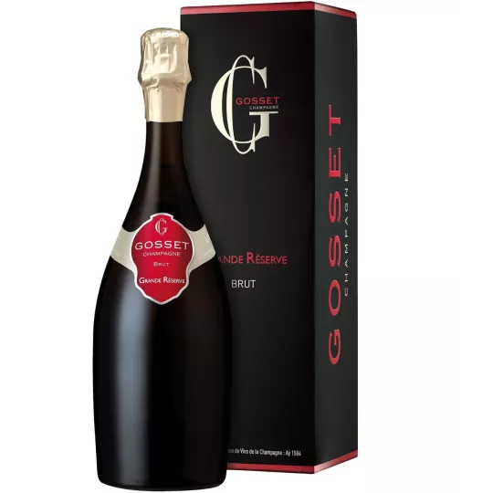 Bottle of Champagne Gosset Grande Réserve Brut, front view, distinctive red label
